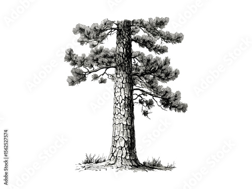 Hand-drawn vintage botanical illustration, engraving of pine tree trunk, pine bark texture, evergreen tree sketch, rustic tree decor, retro woodland art, black ink engraving, eco-friendly print