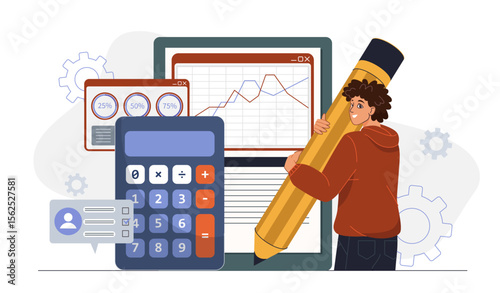 Cost optimization concept. Man with huge pencil near calculator and graphs, diagrams and charts. Financial literacy and management of expenses. Price reduction. Flat vector illustration