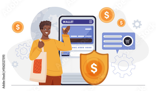 Credit card payment concept. Woman near smartphone with bank card. Cashless transfers and transactions. Electronic wallet. Online shopping. Flat vector illustration