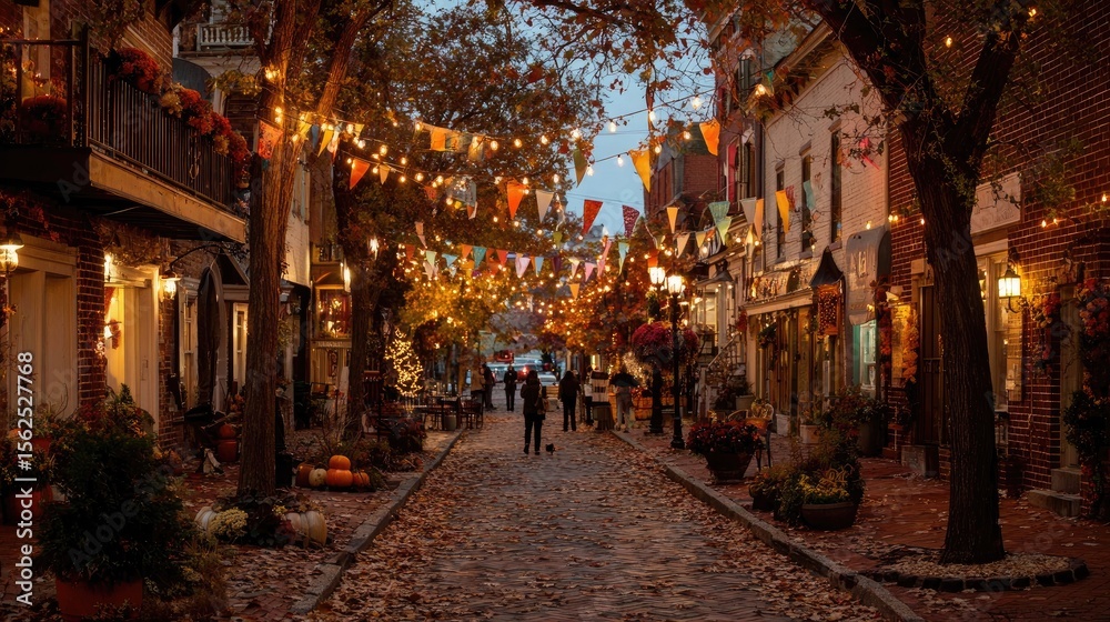 Fototapeta premium A quaint small town street decorated for Thanksgiving, string lights, seasonal banners, people strolling, cozy evening atmosphere