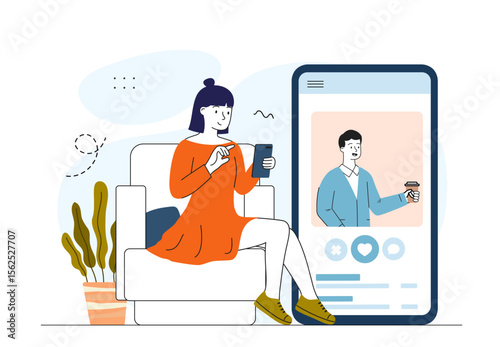 Woman surfing dating app. Woman installs miner on computer. Viruses and Internet Dangers, cybercrimes. Malware and phishing software. Online threat. Linear vector illustration
