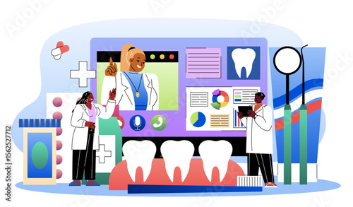 Team of dentists. Man and woman in medical uniform near dental instruments. Healthcare and medicine. Stomatology and dentistry. Dental care and oral hygiene. Flat vector illustration
