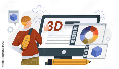 3d designer man. Young guy near computer screen with isometric cube. Freelancer develops elements for website. Visual studio artist. Freelance and online earnings. Flat vector illustration