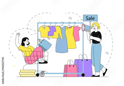 Discounts in clothes shop. Women with loudspeaker and cart near hangers with fashionable and stylish clothes. Discounts and promotions, special offer for regular customers. Linear vector illustration
