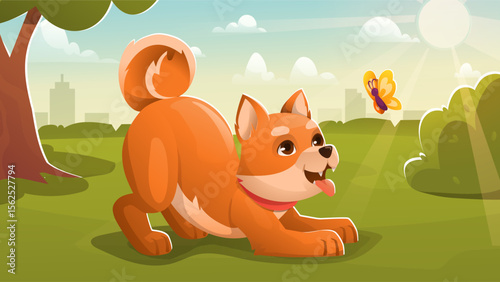 Dog play with butterfly. Adorable puppy plays with insect in city park. Pet wearing red collar spends time outdoors. Playful domestic animal in sunny day. Cartoon vector illustration