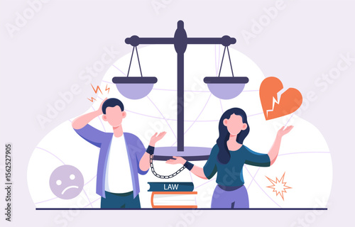 Family dispute concept. Man and woman in handcuffs near stack of books and scales. Problems in family. Conflict between husband and wife. Bad relationship. Flat vector illustration