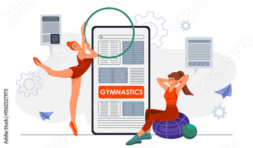 Women practice gymnastics. Young girls with hula hoop and fitball. Active lifestyle and sports. Healthy exercises. Fitness and training. Flat vector illustration