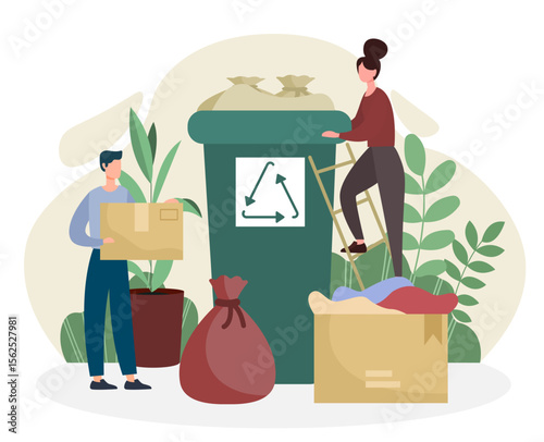 People collecting garbage. Woman and man recycling waste. Recycling and reuse. Zero waste lifestyle. Eco friendly volunteers care about ecology and environment. Flat vector illustration