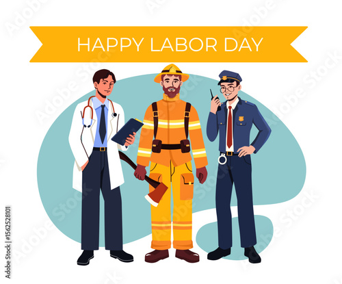 Happy labor day man. Doctor, policeman and fireman. Traditional american holiday. Freedom and patriotism. Men of different professions. Flat vector illustration