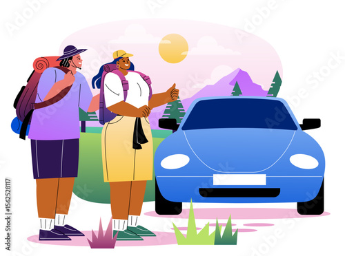 People hitchhiking concept. Man and woman with backpacks stop car on road. Travelers and tourists. Hiking and camping, active lifestyle. Travel and trip. Flat vector illustration