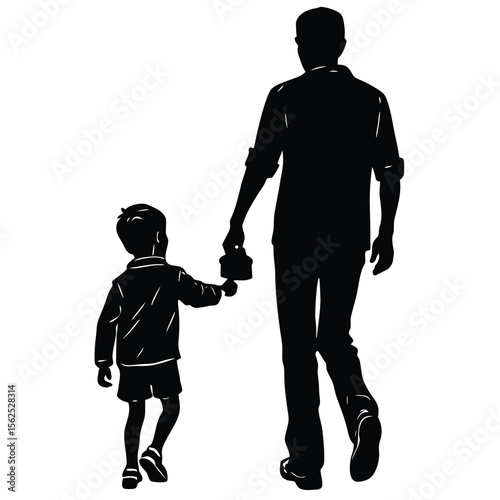 a father and young son walking hand in hand, the child holding a small toy in his other hand 
