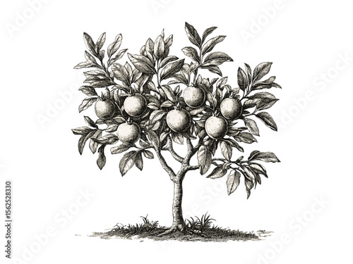 Hand-drawn vintage engraving of pomegranate tree, rustic floral print, old black sketch, botanical art, pomegranate fruits, retro nature decor, antique plant illustration, trendy wall art