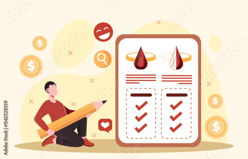Online jeweler man. Young guy with pencil near sheet of paper with jewels. Professional evaluates gold rings and chains with diamonds. Goldsmith appraise gem. Flat vector illustration