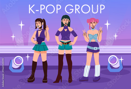 K pop group. Young girls in trendy clothes standing on scene. Popular artists and musicians. Entertainment and leisure, culture. Celebrities and famous people. Flat vector illustration