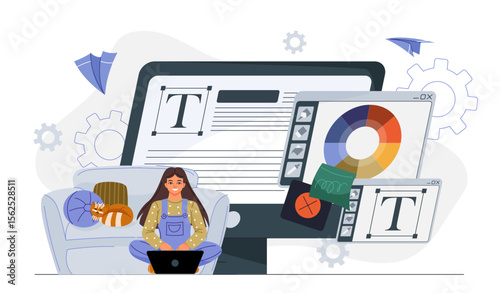Low code development. Woman sits near monitor with article and color palette. Freelancer fills site with content. Graphic designer and talented author, content creator. Flat vector illustration