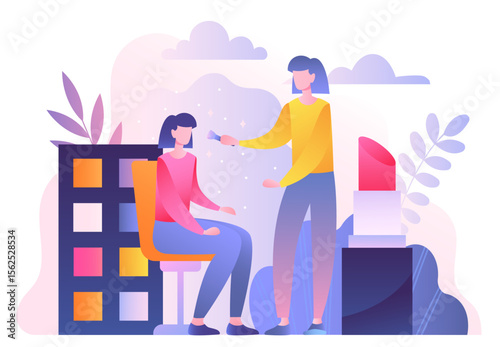 Makeup in beauty salon. Woman applies makeup to clients face. Makeup artist and visagiste. Beauty procedures. Aesthetics and elegance. Palette and lipstick. Flat vector illustration