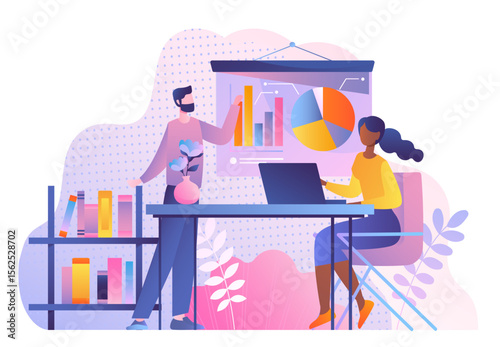 Brainstorming in office. Man and woman analyzing graphs and charts. Business meeting. Collaboration and cooperation, teamwork. Productivity and efficiency. Flat vector illustration