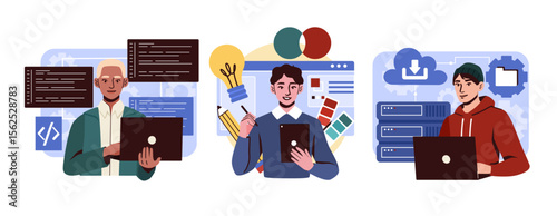 People in IT set. Men with laptops write code, develop programs and applications, website pages. Front end and back end developers, programmers. Flat vector collection