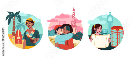 People travel set. Man with coconut cocktail on beach, woman with map near Big Ben and young couple near Eiffel Tower. Holiday and vacation. Flat vector collection