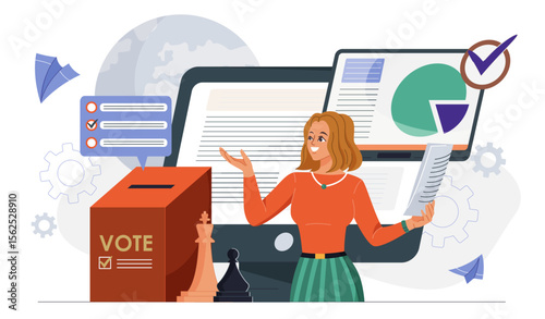 Politician online concept. Woman at ballot box. Democrats and freedom of choice. Politics and sociology. Platform for voting on internet. Presidential candidate. Flat vector illustration