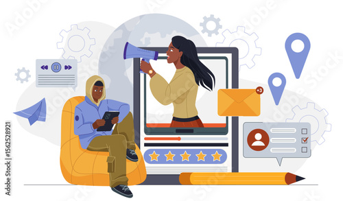 Positive public relations. Man with tablet looking at woman with loudspeaker. Corporative marketing and promotion. Business media strategy. Flat vector illustration