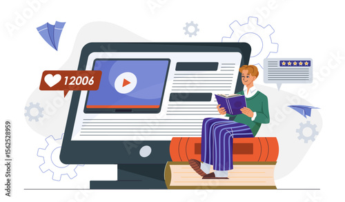 Professional writer online. Man with book near computer monitor. Talented author and copywriter. SEO specialist. Freelancer and remote worker. Flat vector illustration