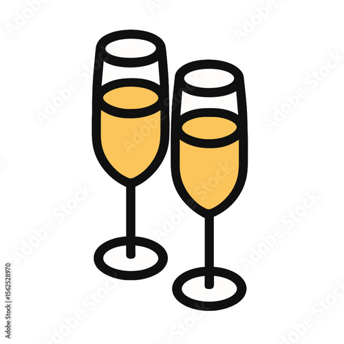 Champagne Glasses Isometric Icon, Glass Finish, Yellow Accents, Transparent Background
