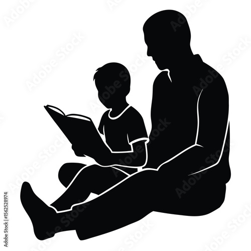 a Father sitting cross-legged with son on his lap, reading a book together, both relaxed