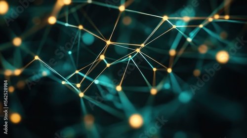 Abstract network of teal and gold lines and points