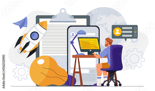 Man works on start up. Young guy sits at computer near rocket. Businessman launch startup or business project. Idea for company. Innovation and insight. Flat vector illustration