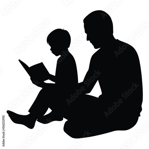 a Father sitting cross-legged with son on his lap, reading a book together, both relaxed