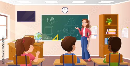 Teacher leads school lesson. Woman at chalk board teaches lesson to boys and girl. Education and training. Math lesson for preschoolers. Cartoon vector illustration