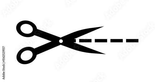 Scissors cut icon. Stainless silhouette of scissors cutting dotted line. Navigation for website. Sticker for papers and product packaging. Trim and cutoff. Flat vector illustration