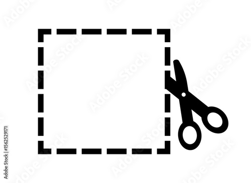 Scissors cut icon. Stainless silhouette of scissors cutting dotted square. Place for photography or pics. Cutoff paper. Template and layout. Flat vector illustration