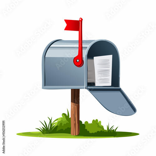 American-style mailbox with red flag raised, curved top, and mail peeking from a partially open door.
