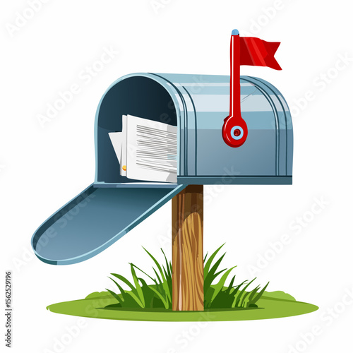 American-style mailbox with red flag raised, curved top, and mail peeking from a partially open door.
