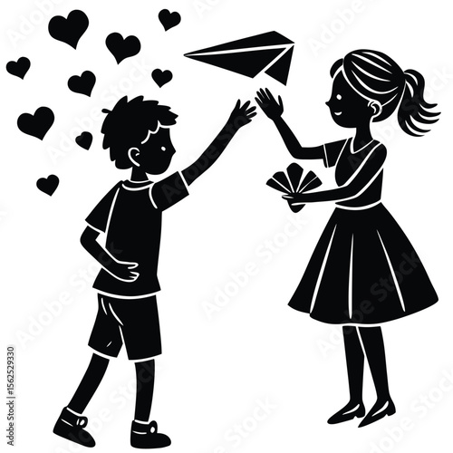 a girl tossing a paper airplane and a boy receiving it as a phone notification, with hearts around 