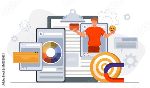 Social media content. Man with emoji near magnet. Content creator and influencer. Talented author or blogger. Advertising and marketing on internet. Flat vector illustration