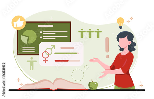Sociologist with statistics. Woman conducts sociological study. Sociology and demography. Demographer studies gender and age composition of population. Flat vector illustration