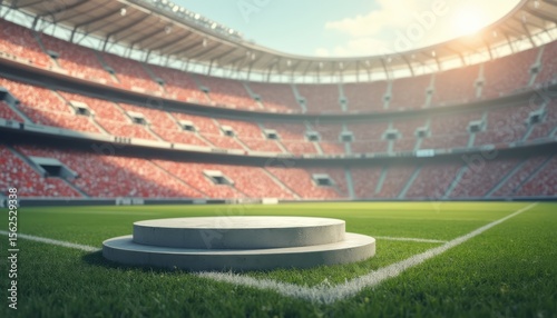 Empty podium on a vibrant soccer field in a grand stadium