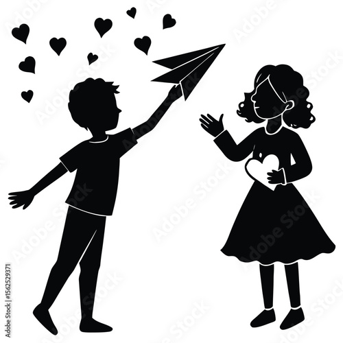 a girl tossing a paper airplane and a boy receiving it as a phone notification, with hearts around 