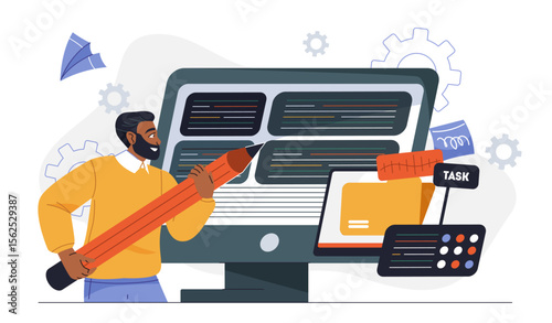 Software developer concept. Man with pencil near computer screen with code. Programmer and IT specialist write scripts. Development of applications and programs. Flat vector illustration