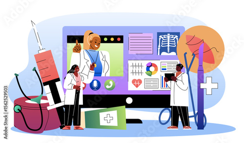 Team of surgeons. Man and woman in medical uniform near scalpel. Aid in emergency situations. Healthcare and medicine. Practitioners in hospital. Flat vector illustration