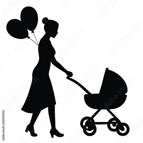 a mother pushing a stroller with one hand and holding a balloon in the other