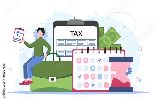 Tax inspector concept. Man with briefcase, banknotes and bills. Calculation of expenses and income. Financial audit. Budgeting and accounting. Flat vector illustration