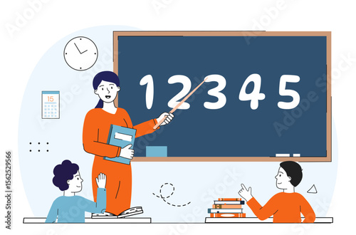 Teacher at school. Woman with pointer near chalkboard. Elementary school students in class. Teacher teaching lesson. Education, learning and training. Linear vector illustration