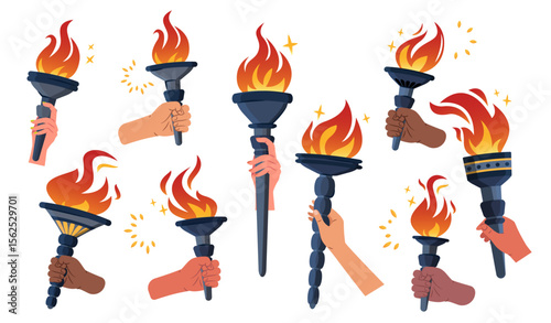 Hands with torches set. Pack of multiethnic arms with torches. Fire and flame. Symbol of olympic games. Championship and event. Flat vector collection