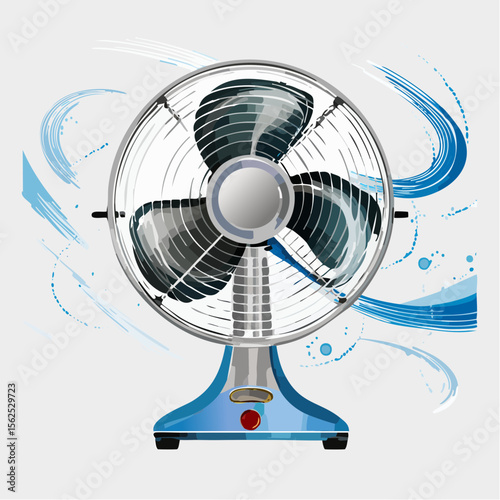 Oscillating fan with cage blades, metallic body, and wind swirl lines to indicate cooling.
