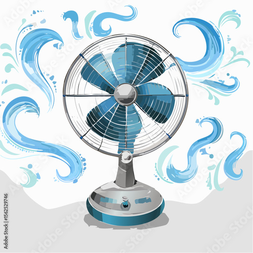 Oscillating fan with cage blades, metallic body, and wind swirl lines to indicate cooling.
