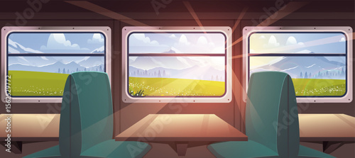 Train interior inside. Green chairs and wooden tables. Travel, trip and journey. Beautiful wagon cabin. Modern transport on railroad. Cartoon vector illustration